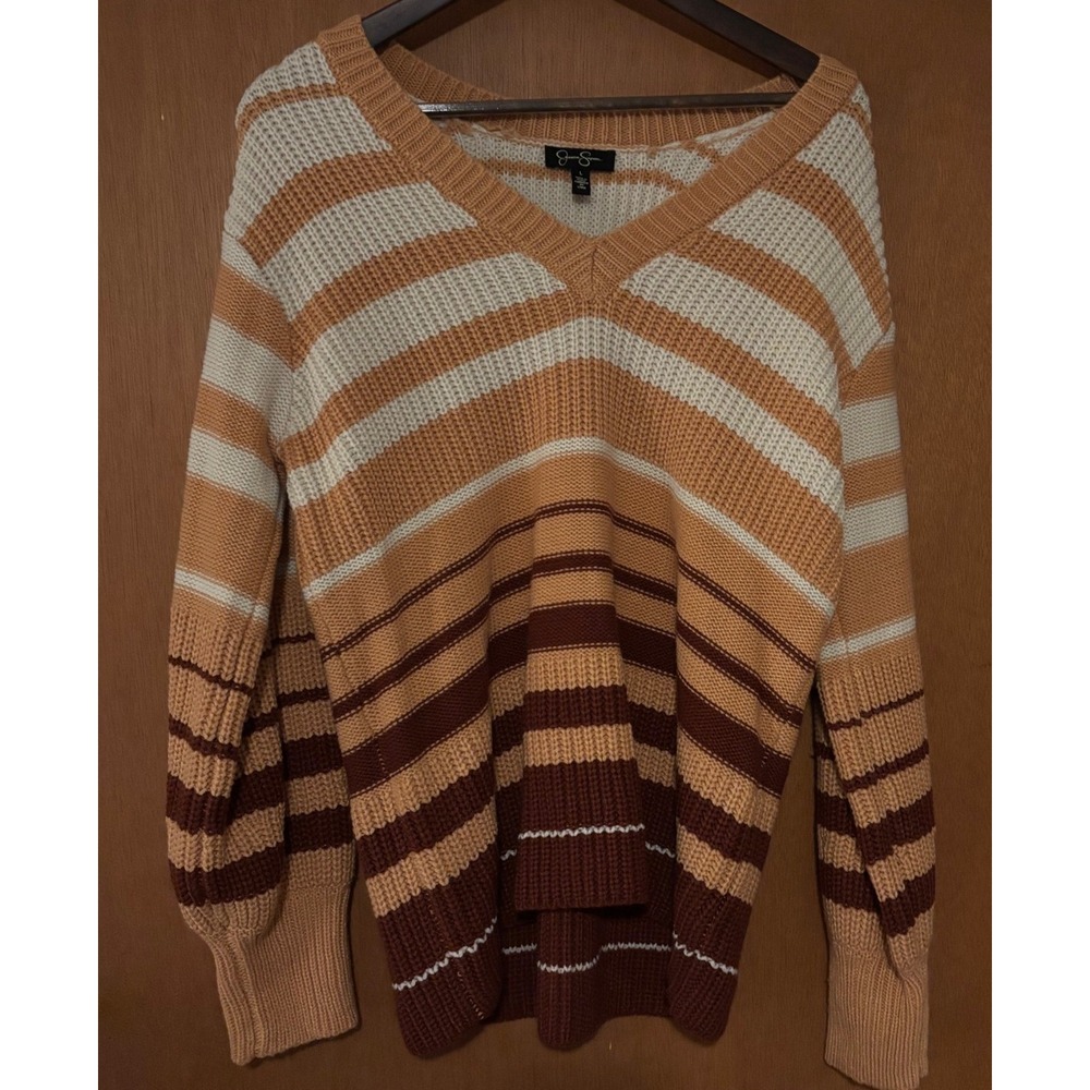 Jessica‎ Simpson Womens Striped Shaker Knit V-Neck Balloon Sleeve Sweater Large